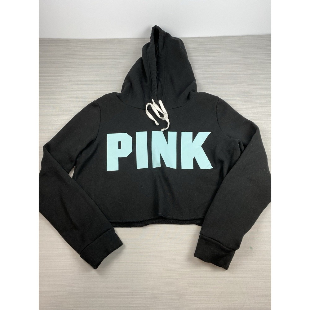 Victoria's Secret PINK Black‎ Hoodie Size Medium Cropped W/ Drawstrings